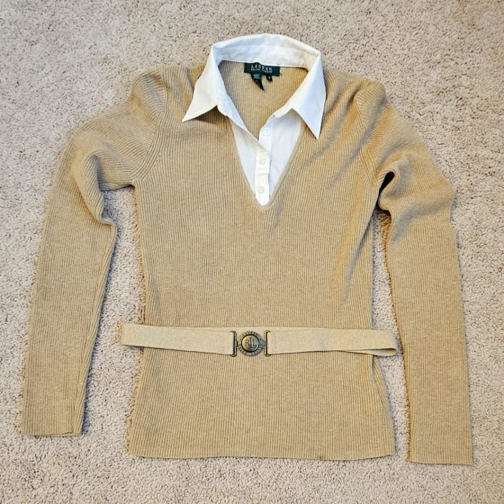 Ralph Lauren Sweater With Belt And Attached Shirt Collar
